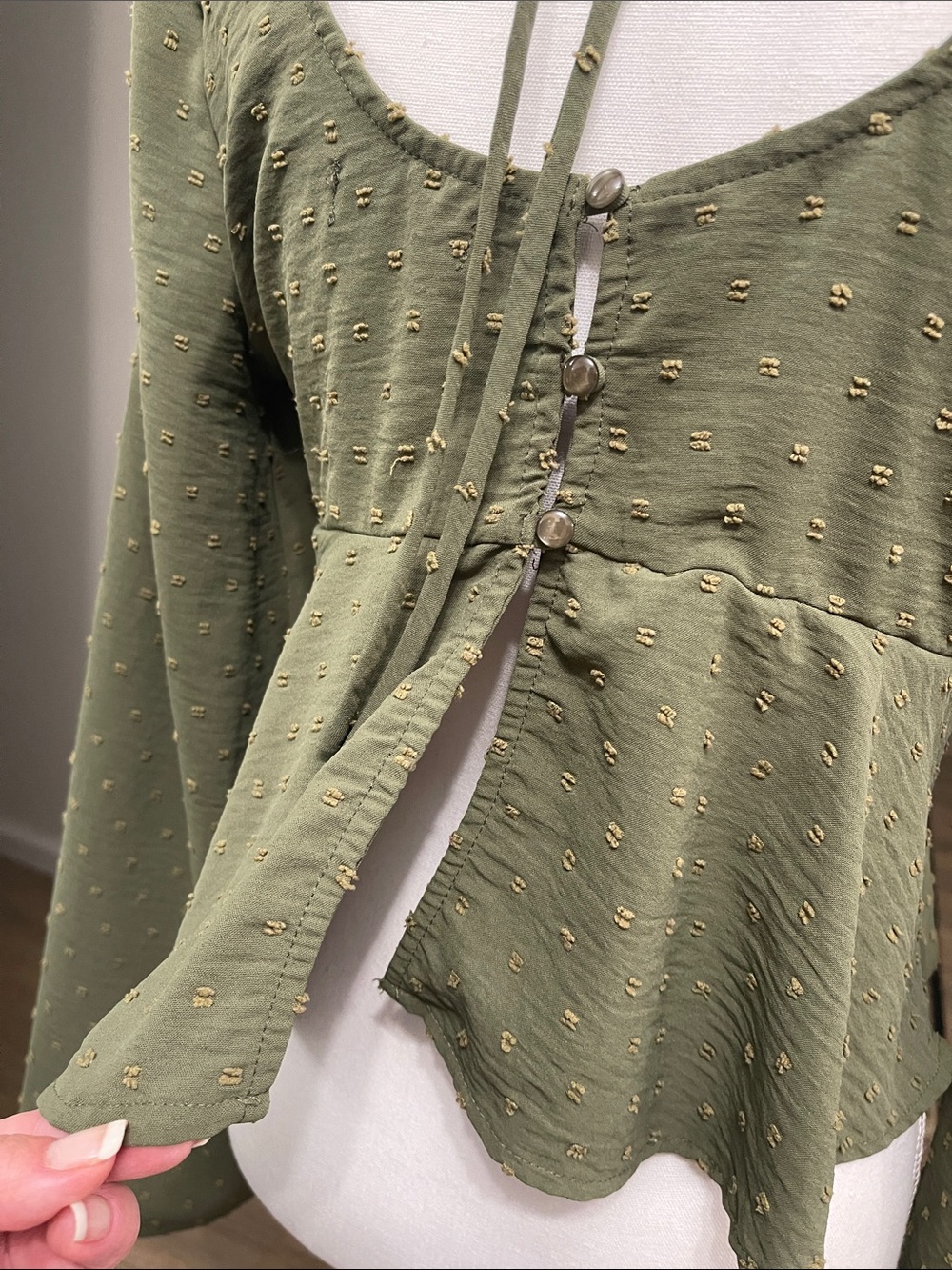 Altar’d State Swiss Dot Tie Front CropTop Bell Sleeve olive green Y2K babydoll M - Picture 5 of 16